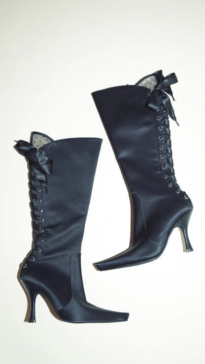 SATIN LACE UP BOOTS